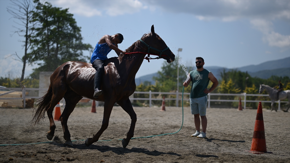 Düzce'de sıcaktan etkilenen yarış atları yıkanarak serinletildi