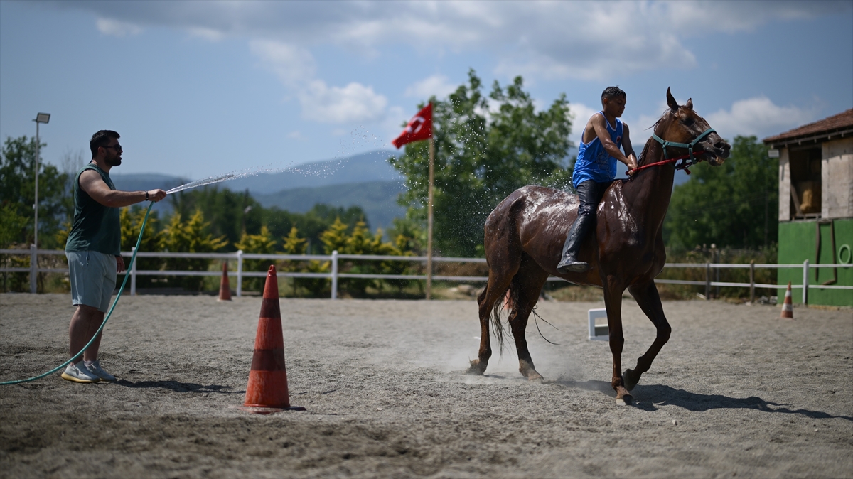 Düzce'de sıcaktan etkilenen yarış atları yıkanarak serinletildi