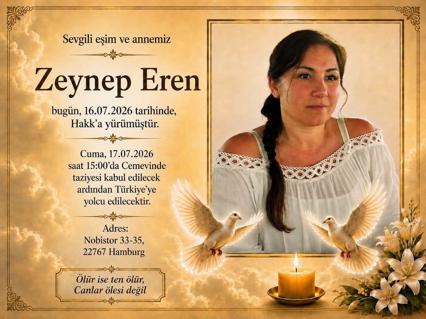 Zeynep Sönmez Eren Hamburg'da Vefat Etti