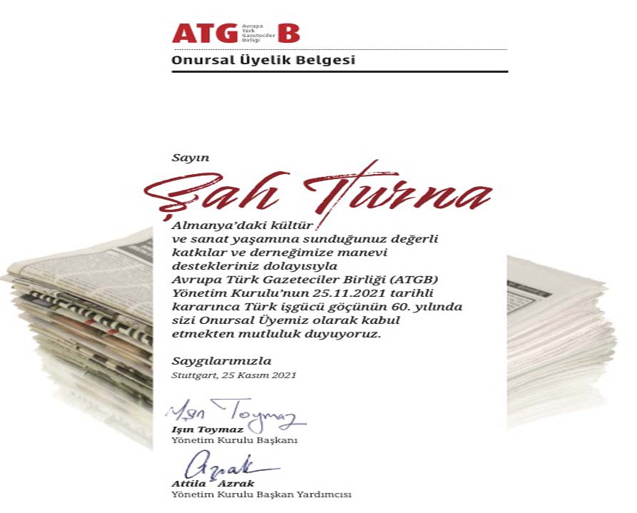 Halk ozanı Ozan Şah Turna’ya ATGB’den onur üyeliği