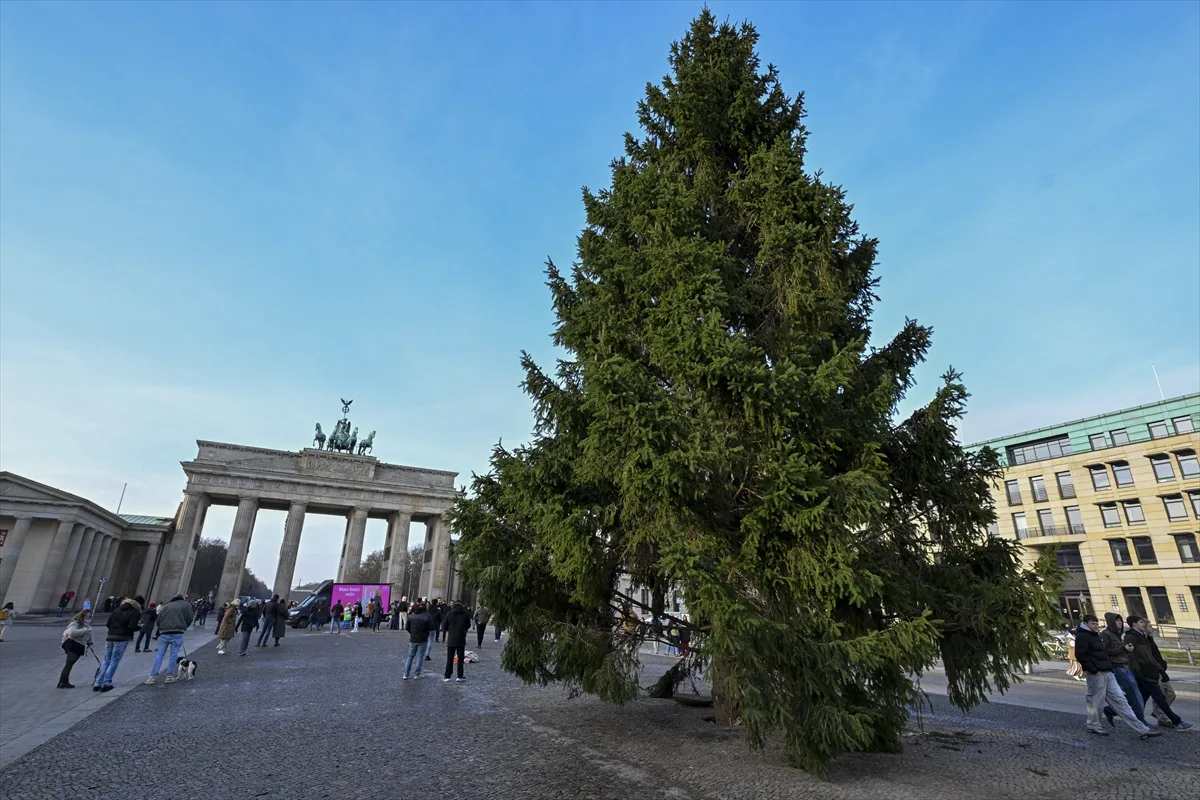 Berlin`de tarihi Brandenburg Kapısı'nın önüne Noel ağacı konuldu