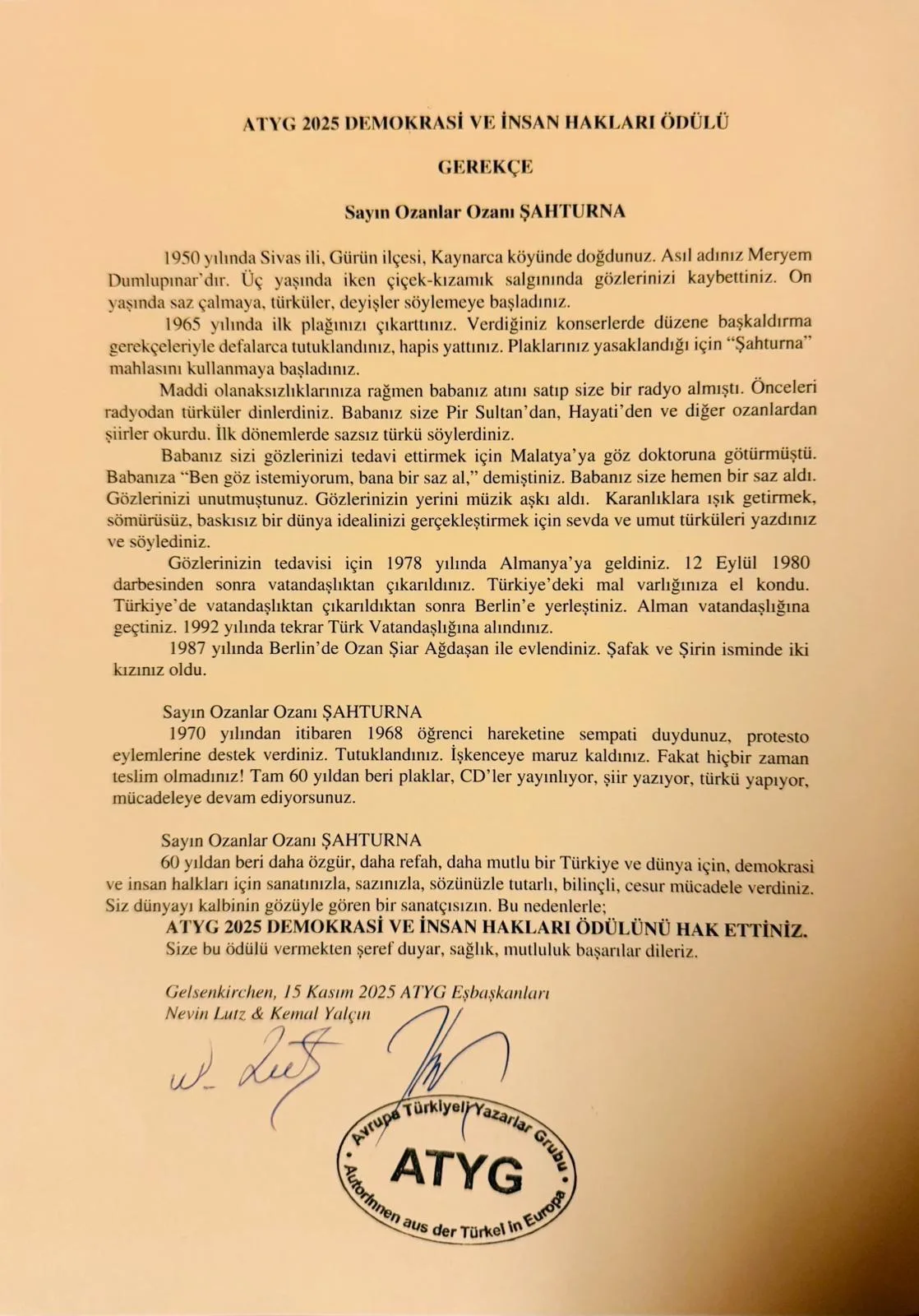ATYG’den Demokrasi, Özgürlük ve Halk Edebiyatı Ödülü Ozan Şahturna ve Ozan Şiar’a verildi